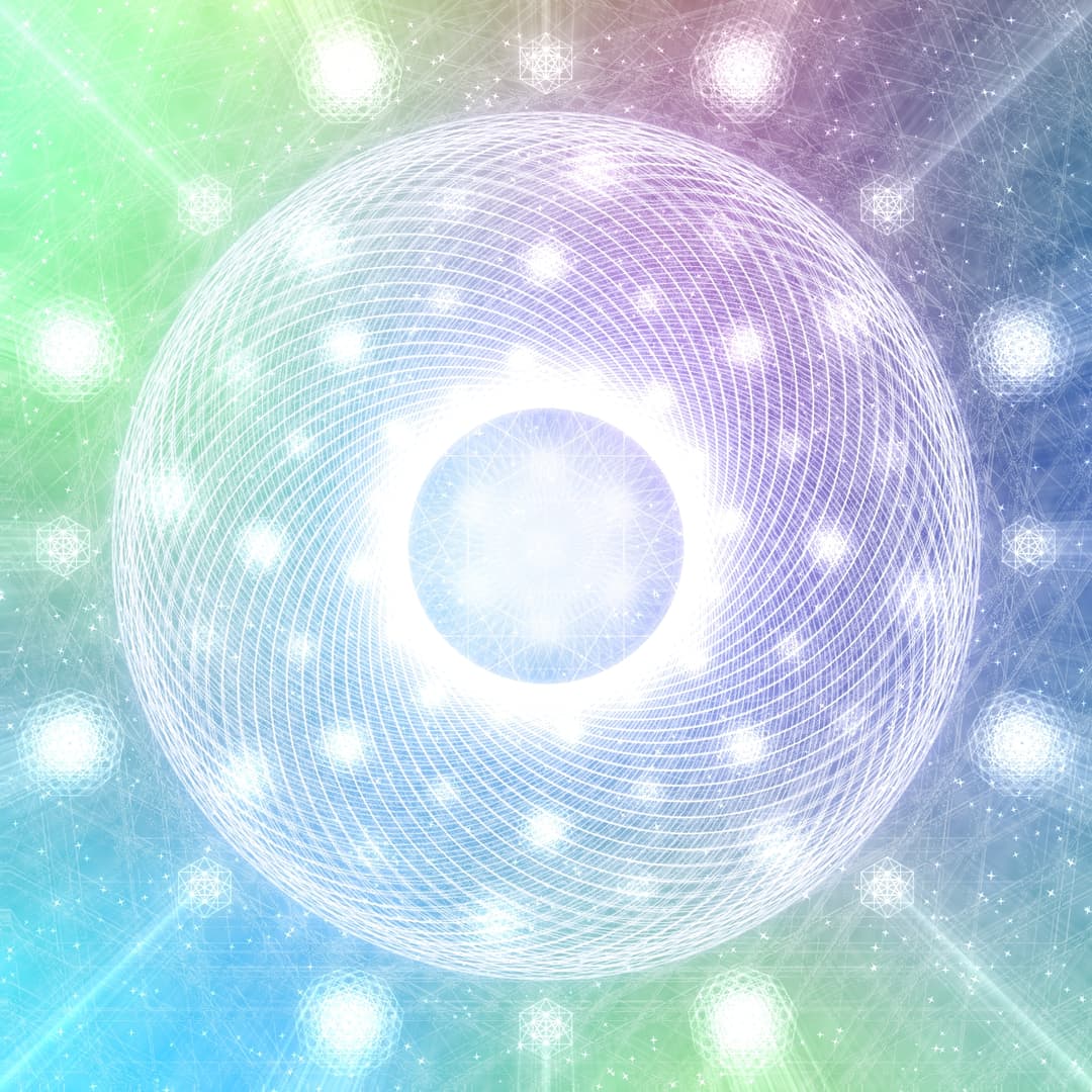 Illustration vibratoire lumineuse : mandala de lumière et géométries sacrées